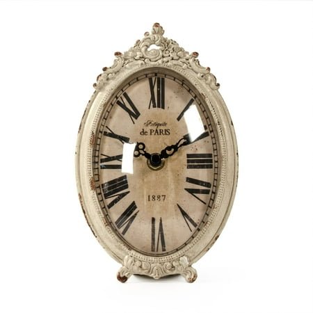 Zentique 7.5 Antique White and Black Distressed Finish Oval Desk Clock