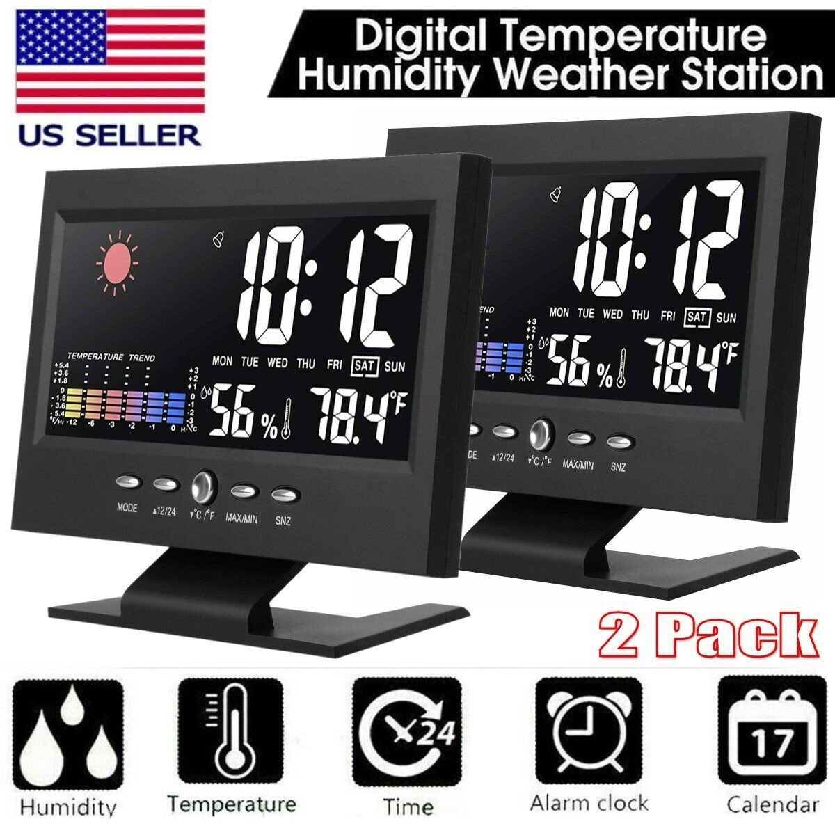2x Desk Digital Alarm Clock Weather Thermometer LED Temperature Humidity Monitor