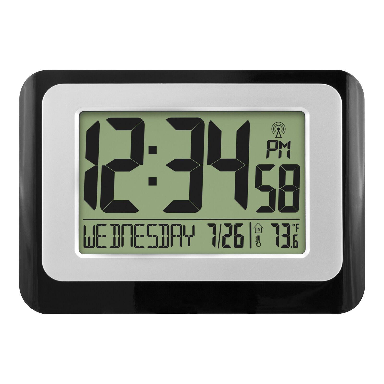 Digital Atomic Calendar Black Desk Alarm Clock with Temperature & Humidity