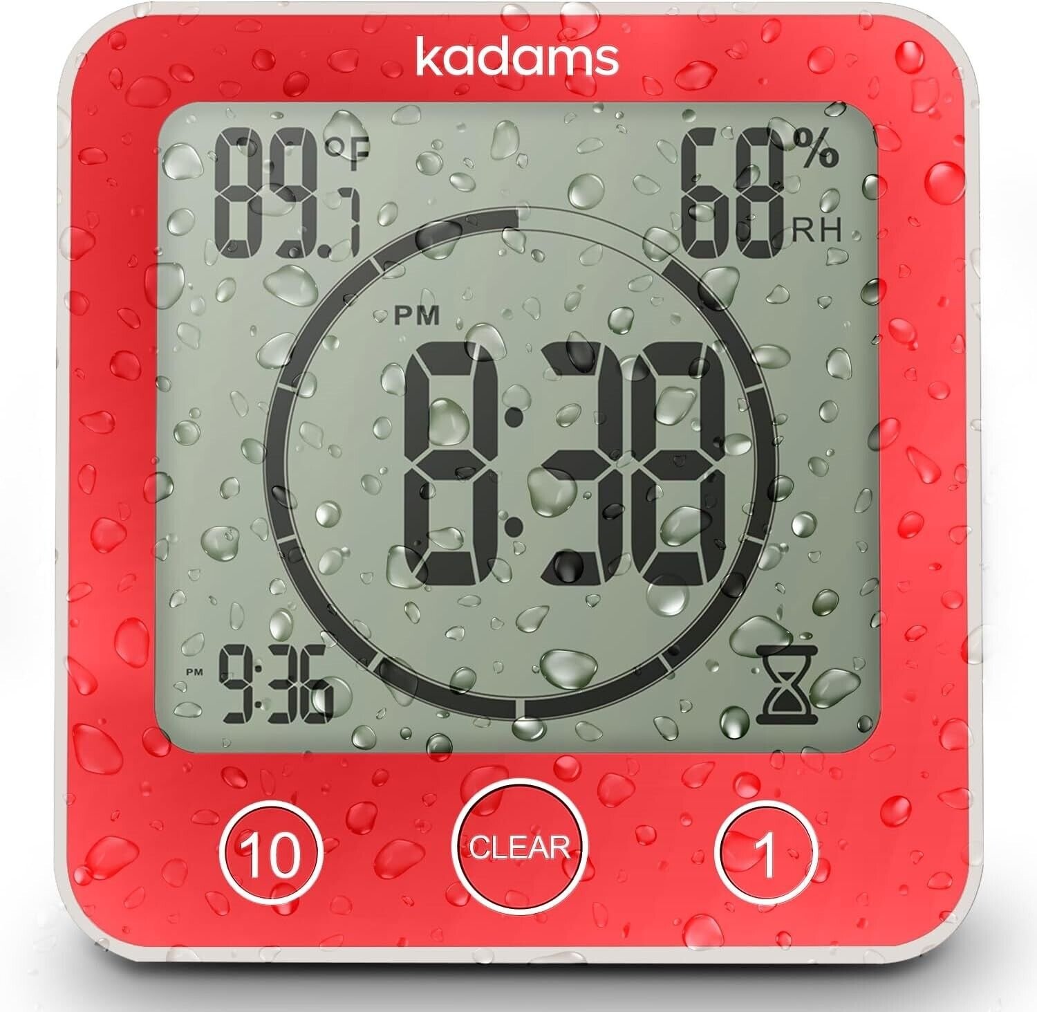 Digital Bathroom Shower/Kitchen Clock-Timer w/Alarm-Waterproof-Touchscreen~Red