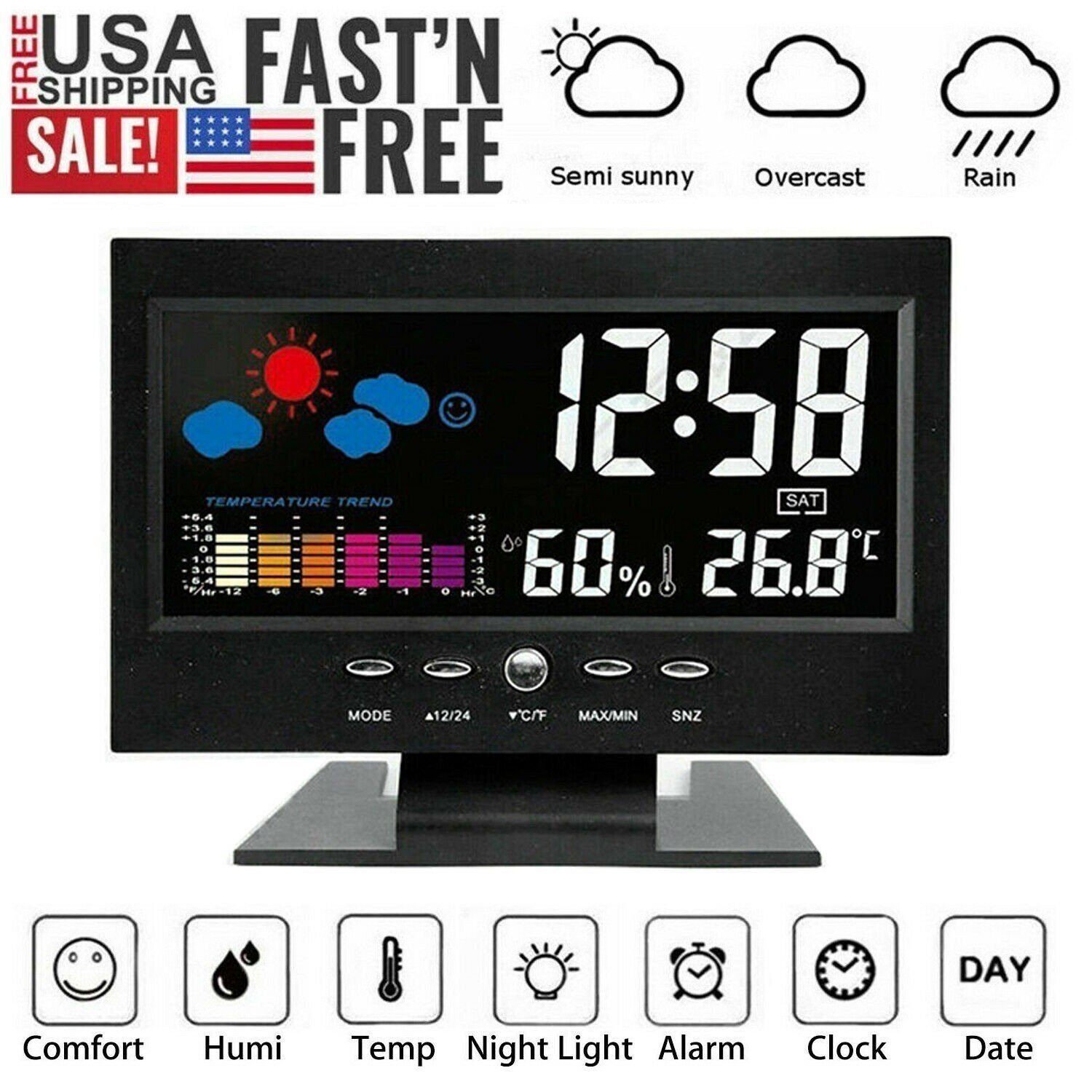 Digital Desk Alarm Clock Weather Thermometer LED Temperature Humidity Monitor