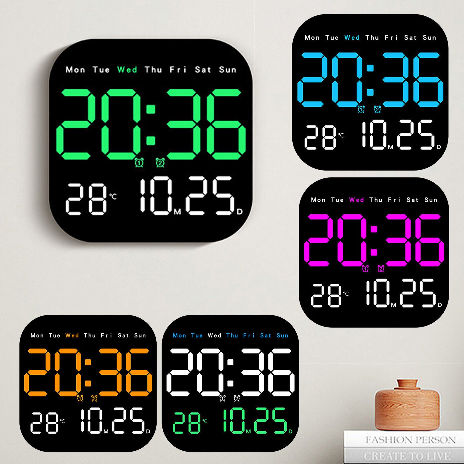 Digital LED Desk Alarm Clock Large LED Display Wall Clock Temperature Humidity