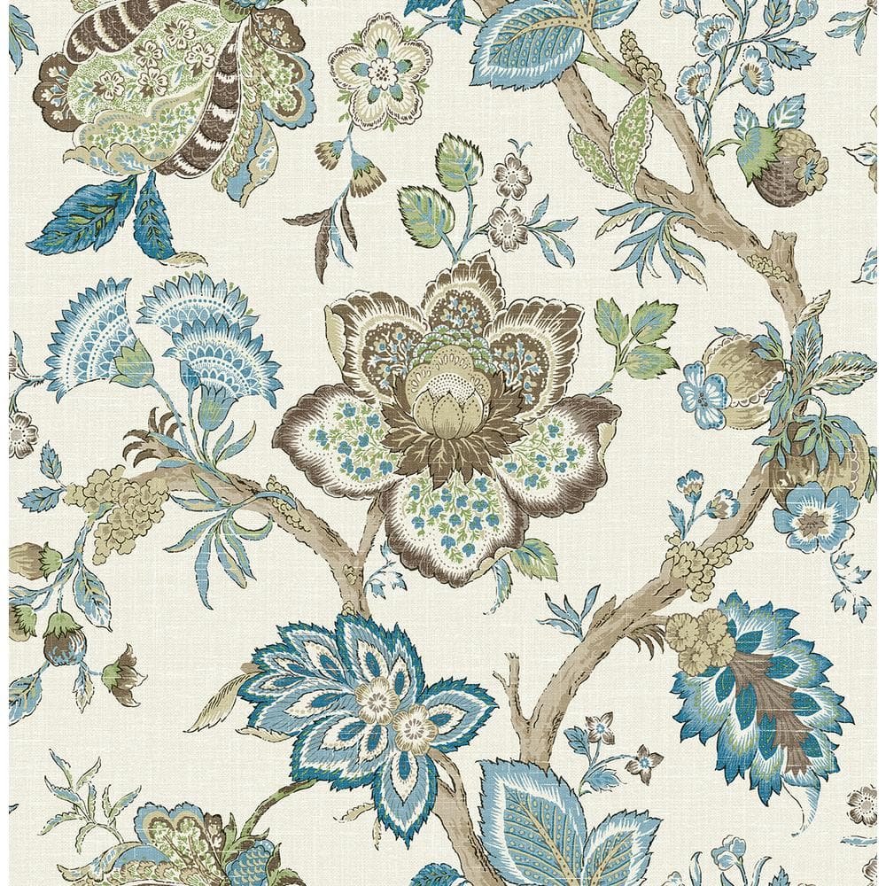 Hickory Smoke and Blue Bell Bernadette Jacobean Paper Unpasted Nonwoven Wallpaper Roll...