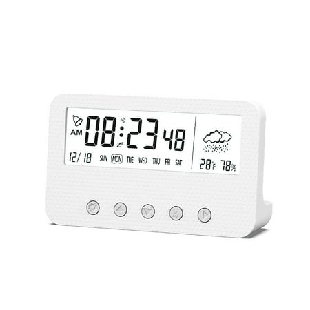 Linyer Living Room Desktop Digital Alarm Clock Plastic Timer Calendar Temperature Humidity Meter Low Noise Home Supplies White Type 1