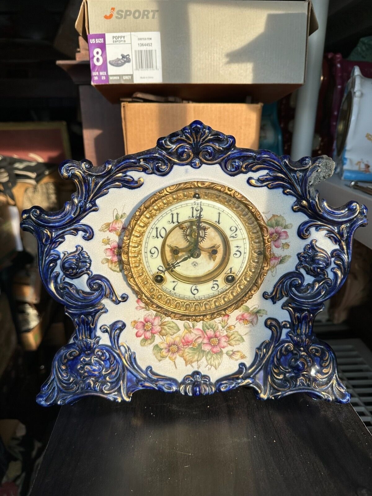 OLD ANTIQUE porcelain Blue China mantel shelf Clock Ansonia