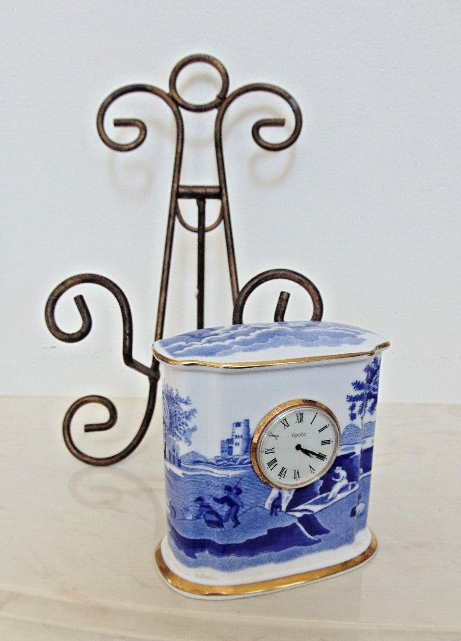 SPODE BATTERY MANTLE CLOCK-BLUE & WHITE-GOLD TRIM-3 1/2" x "4" x 2"-beautiful