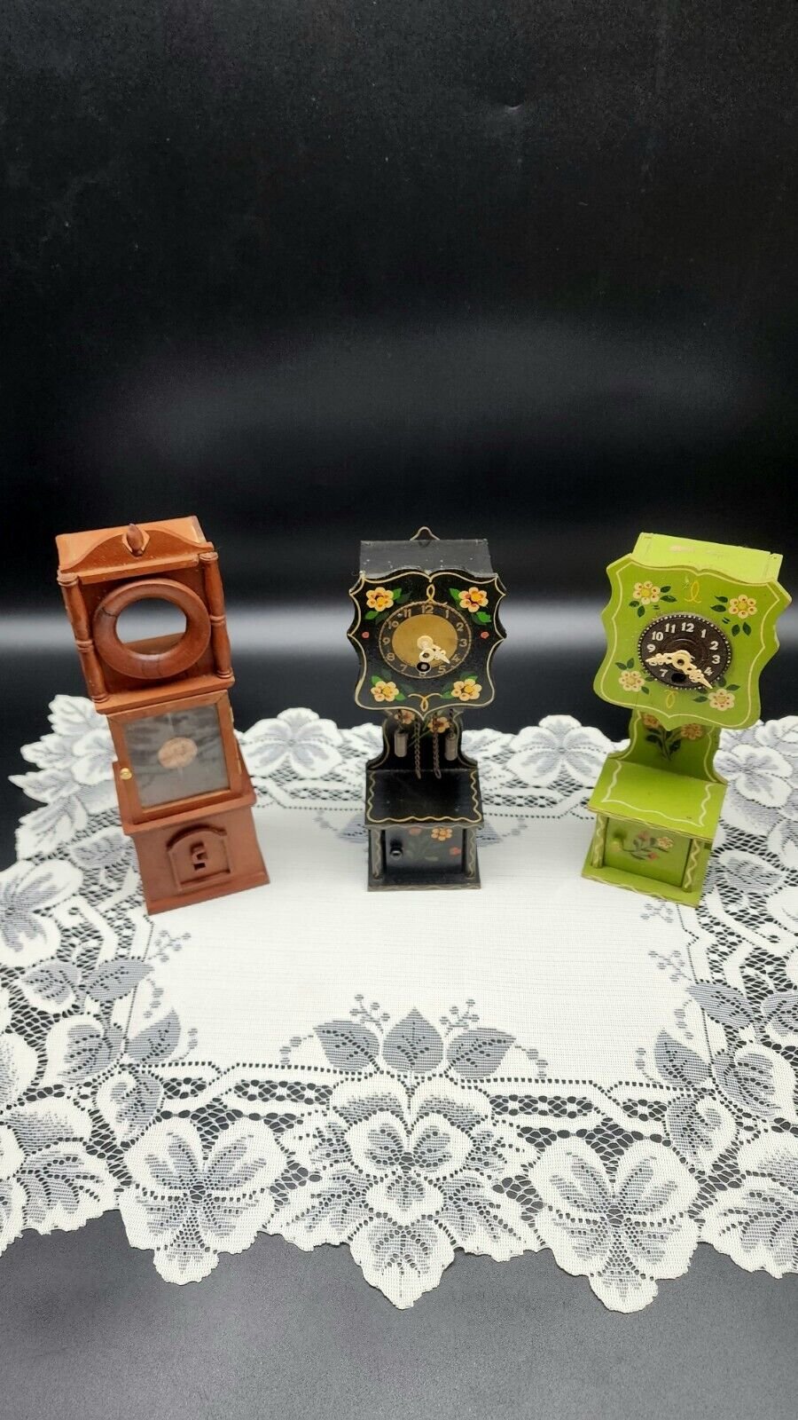 Vintage Miniature Dollhouse Grandfather Clocks Set Of 3 **AS IS**
