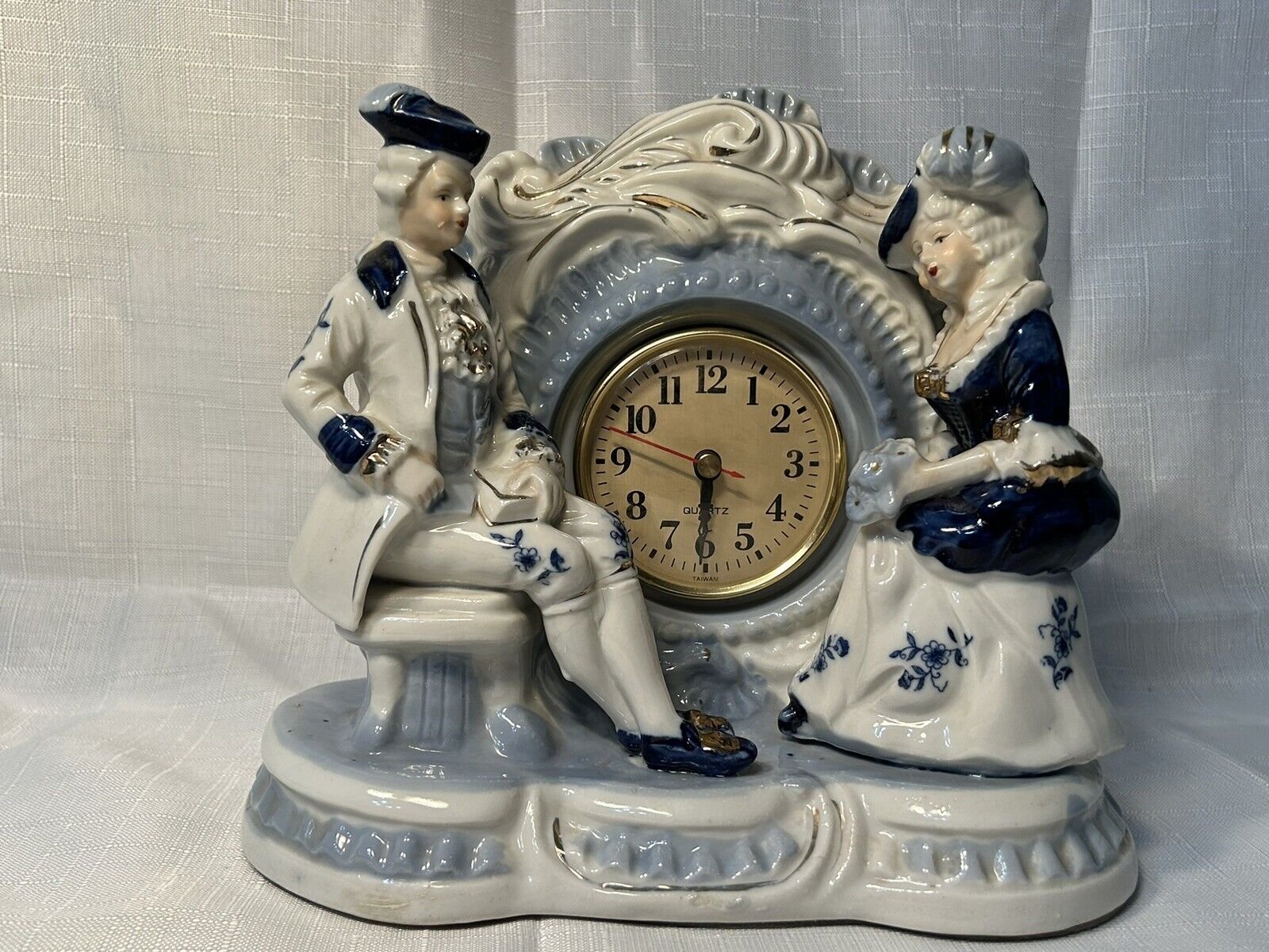 Vintage Porcelain Blue and White Victorian Man and Women Quartz Mantel Clock Pre