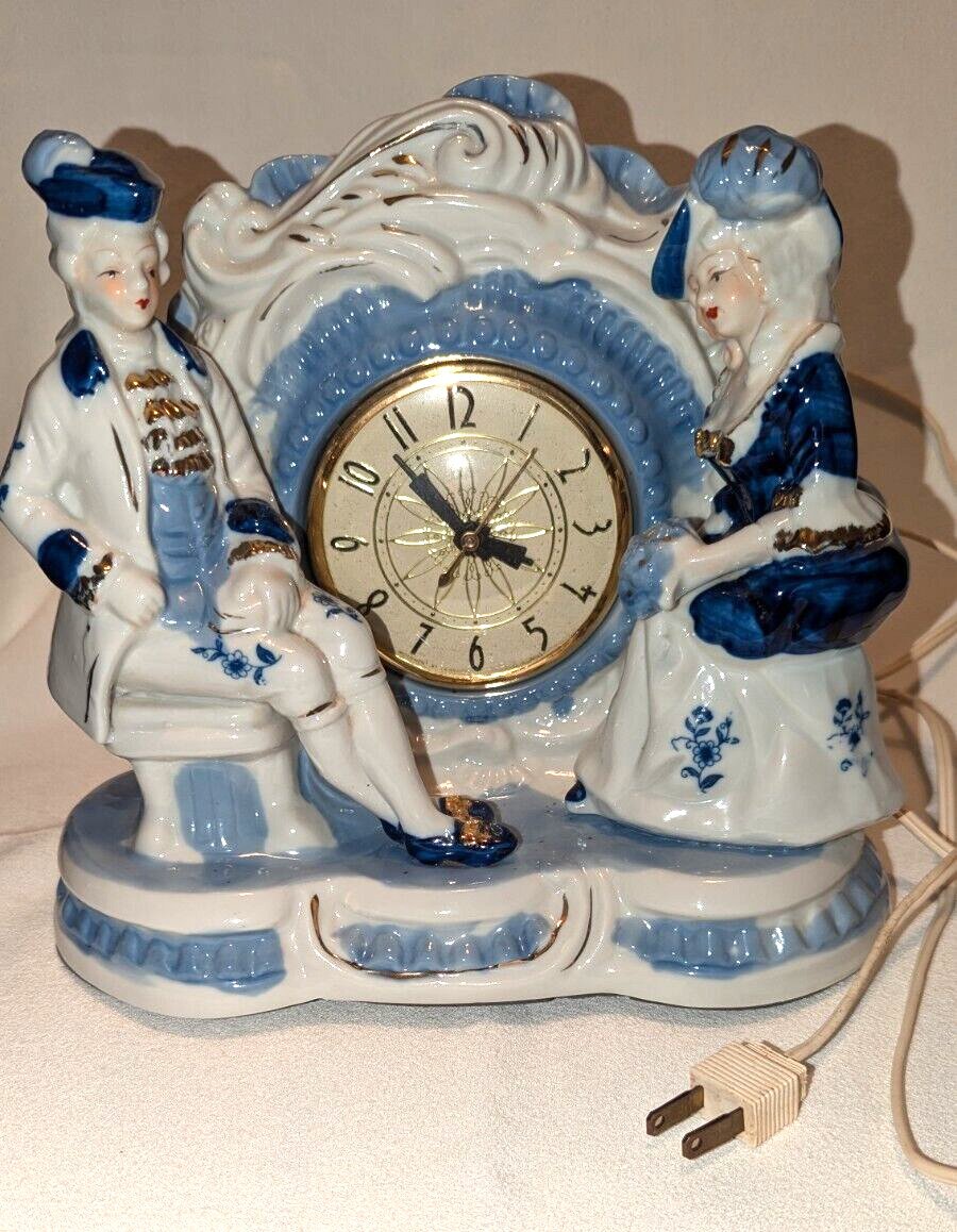 Vintage Porcelain Blue and White Victorian Man/Women Electr Mantel Clock