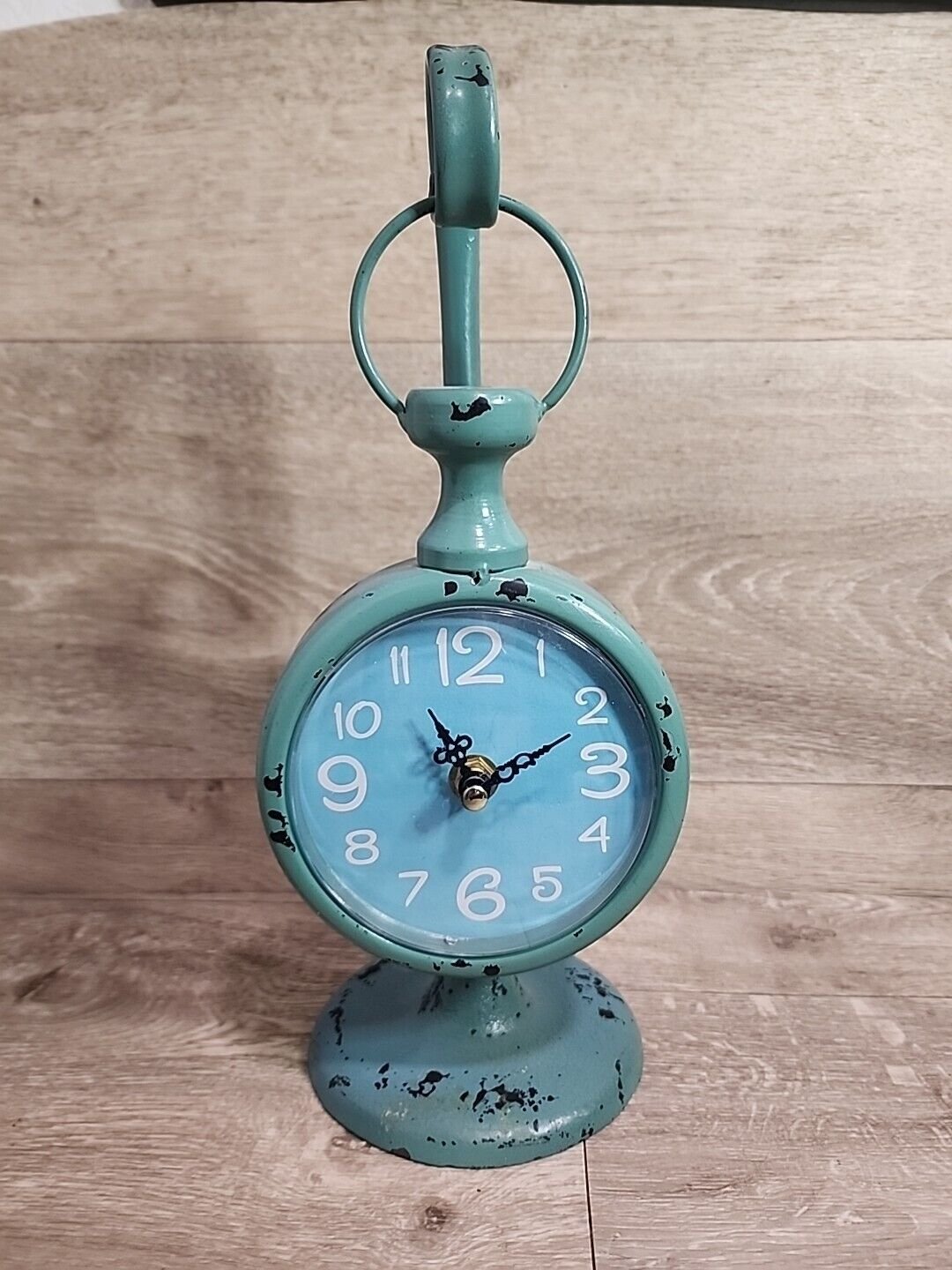 Vintage Style Green Metal Hanging Clock W/Cast Iron Stand Battery Works
