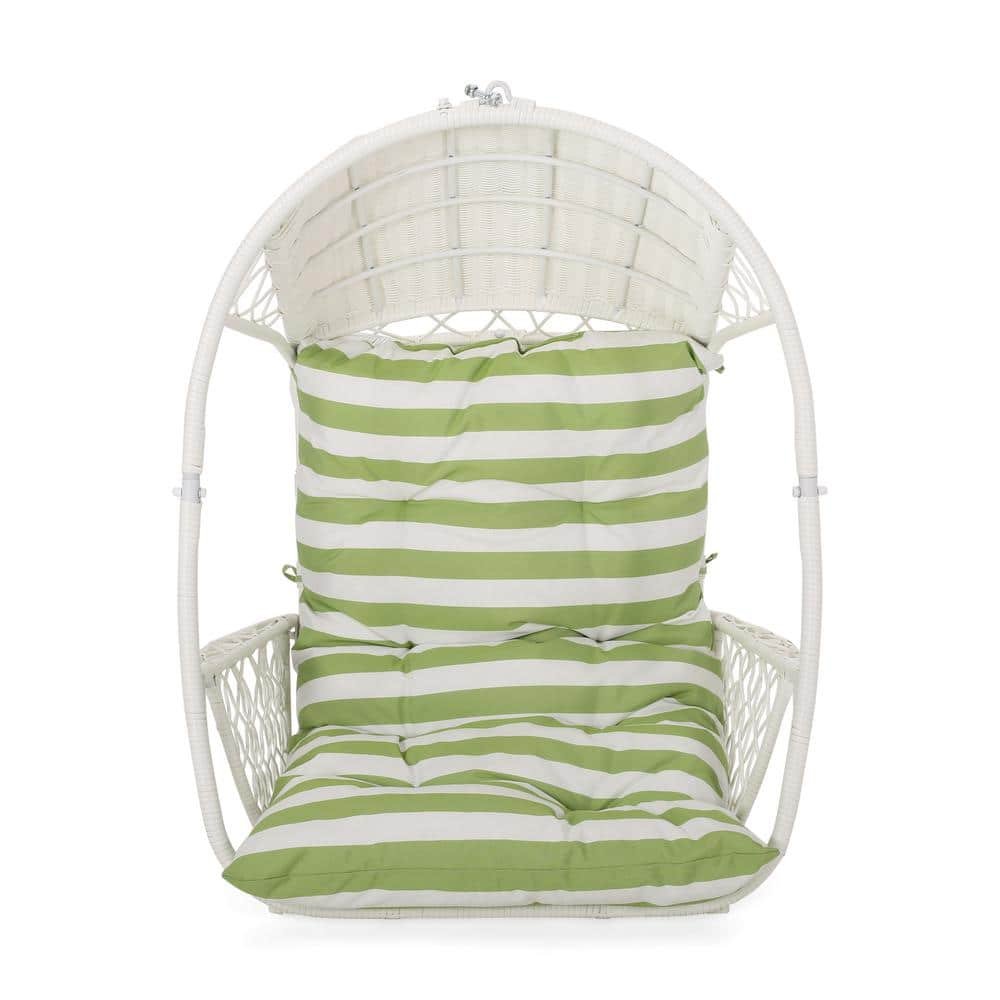 White Faux Rattan Iron Wicker Outdoor Hanging Chair with Green Cushion Without...