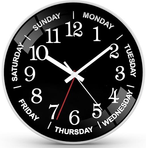 12 Inch Day of Week Wall Clock, Non Ticking Modern Clocks Battery Operated，Analog Day Clock for Seniors Eldly，Classic for Office Home Classroom Bedroom School,Unique Gift Clock