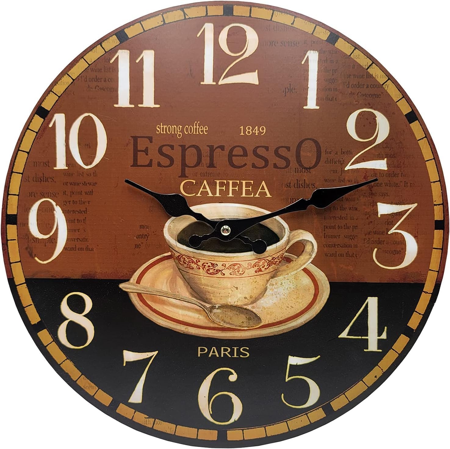 13 Inch Round Espresso Coffee Themed Frameless MDF Wall Clock for Kitchen, Cafe, Living Room