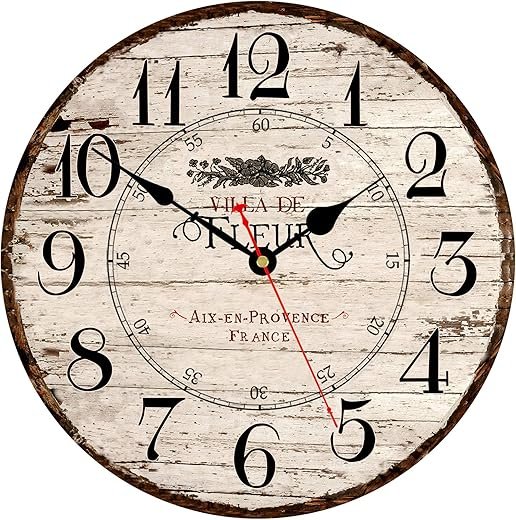 14 Inch Retro Vintage French Country Style Round Wooden Wall Clock Silent Battery Operated Non-Ticking Decorative Clock for Kitchen Farmhouse Bedroom Home Wall