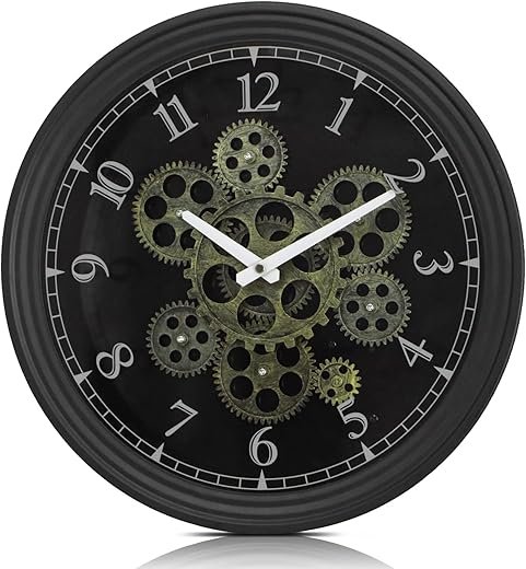 15 Inch Real Moving Gear Wall Clock, Vintage Industrial Steampunk Wall Clock, Metal Black Wall Clock for Living Room Decor,Kitchen, Home Office