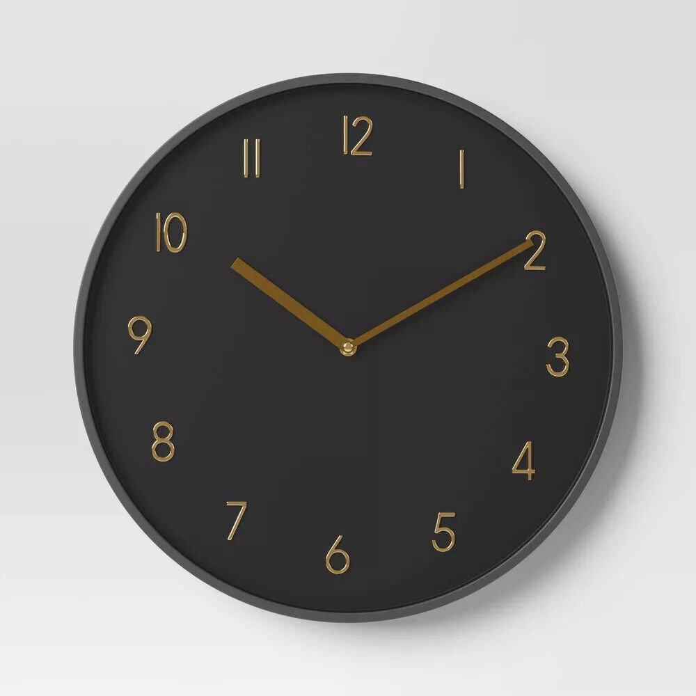 16" Luxe Wall Clock Black/Brass Sleek Round Design for Home Decor