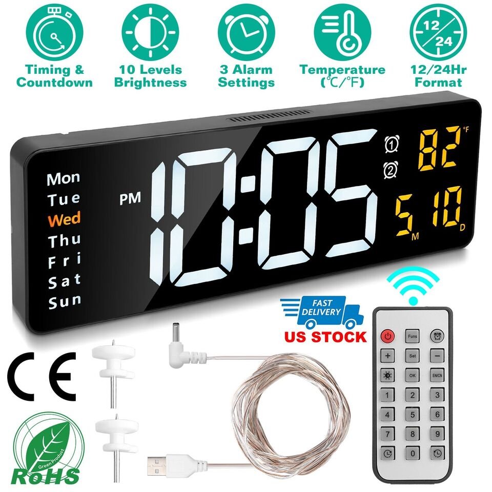 16“ Wall Large Screen Digital Wall Clock LED Display Temperature Calendar Date