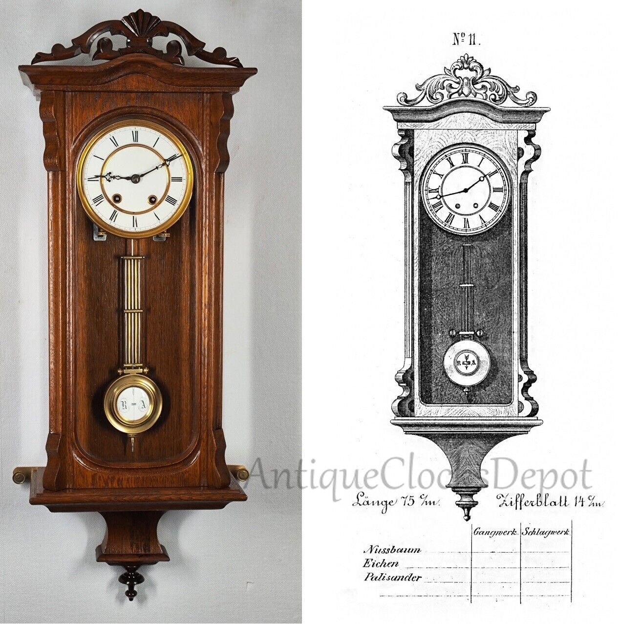 1868 Lenzkirch Antique German Mechanical Wooden Wall Clock with pendulum