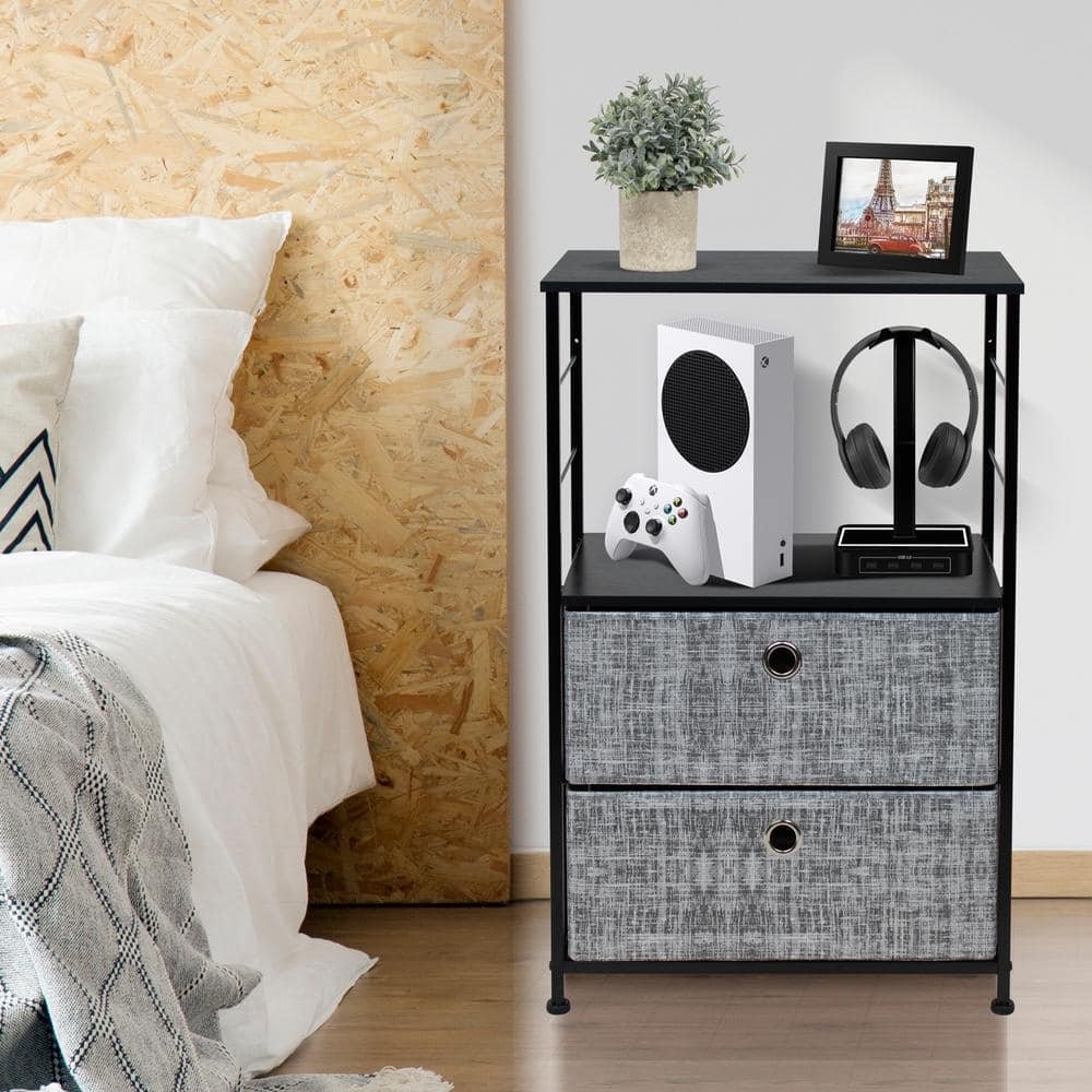 2-Drawer Gray Black Nightstand 33.75 in. H x 21.62 in. W x...