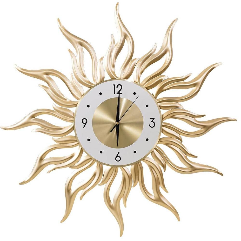 23.6 in. Gold Analog Sun Metal Decorative Wall Clock Silent Non-Ticking Big...