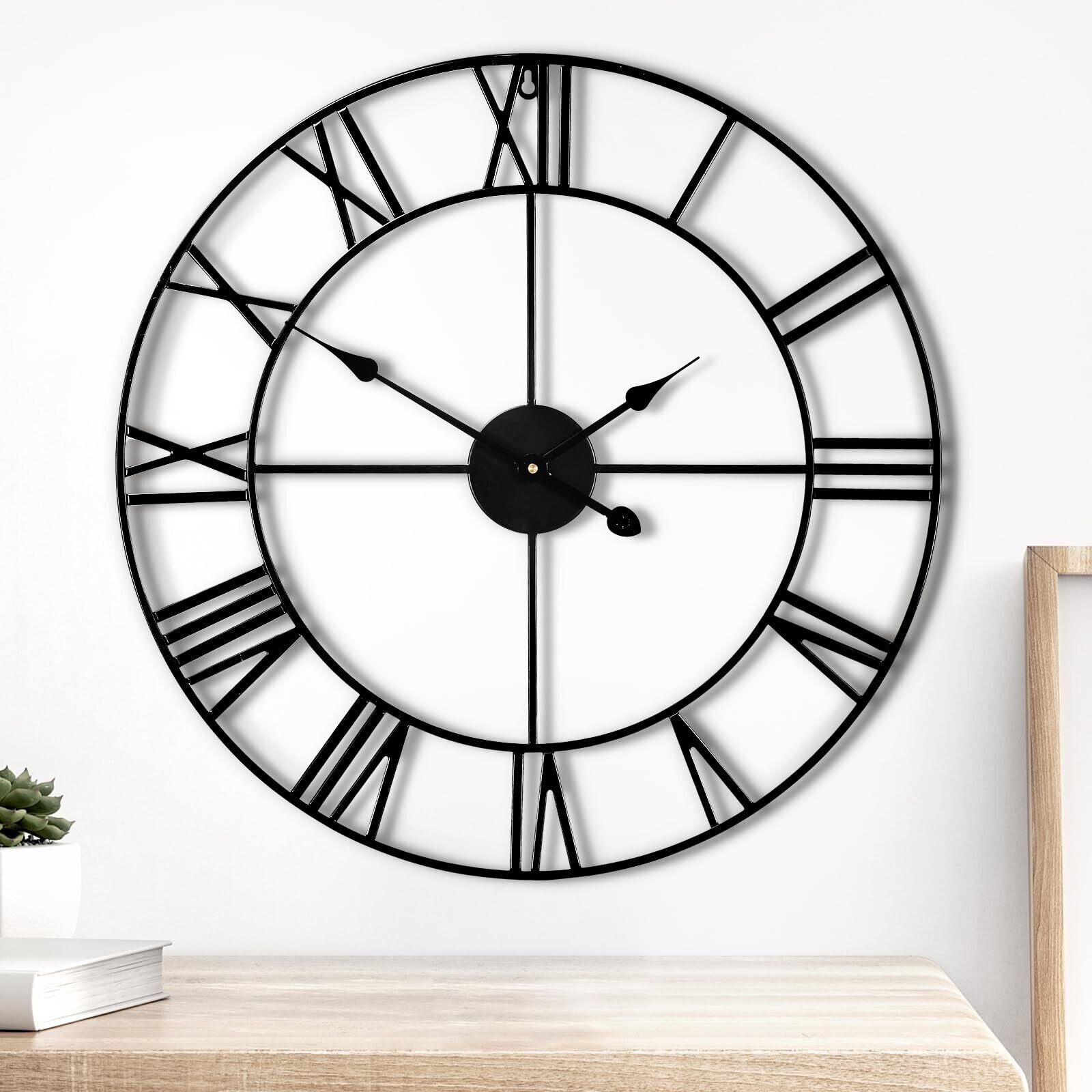 24In Large Modern Metal Wall Clocks, Round Silent Roman Numerals Big Clock, S...