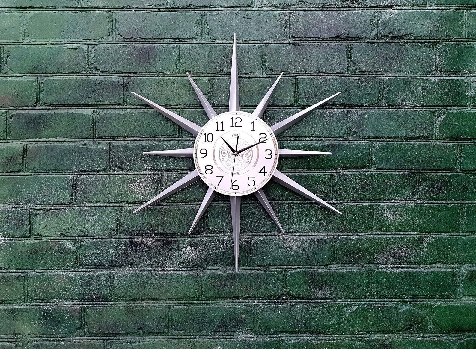30" Silver Atomic Clock Starburst Unique Wall Clock George Nelson Style Sunburst