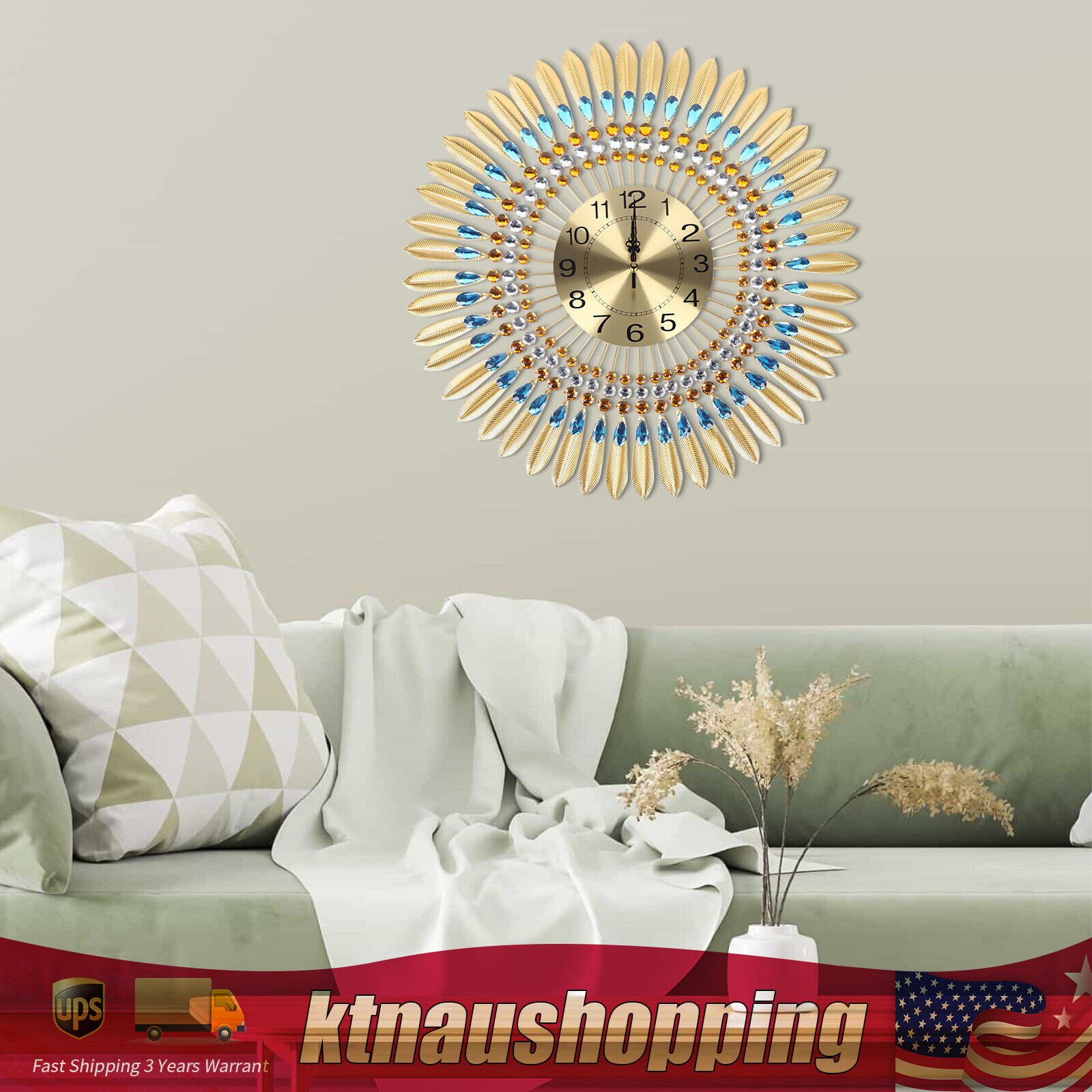 3D Large Metal Sunburst Wall Clock Luxury Wall Clock Battery Operated Home Decor