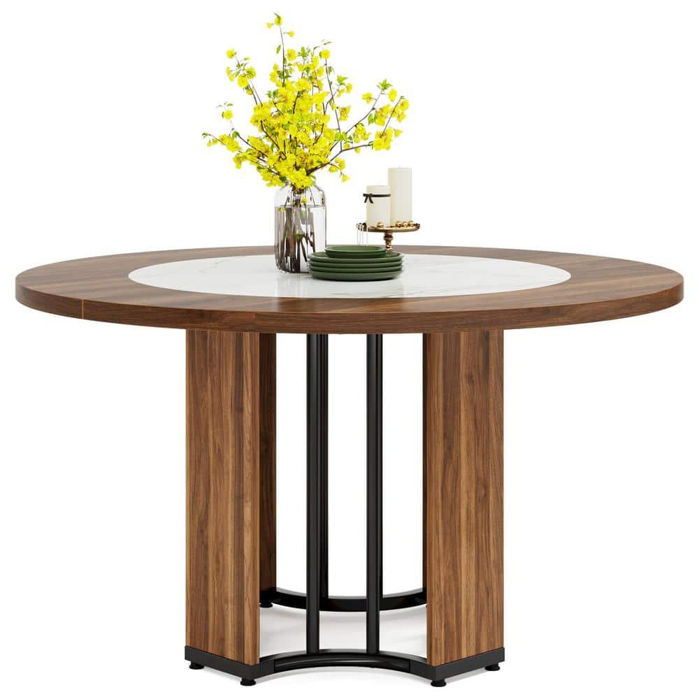 47 in. Round Walnut Brown Wooden Column Base Dining Table for 4-People...