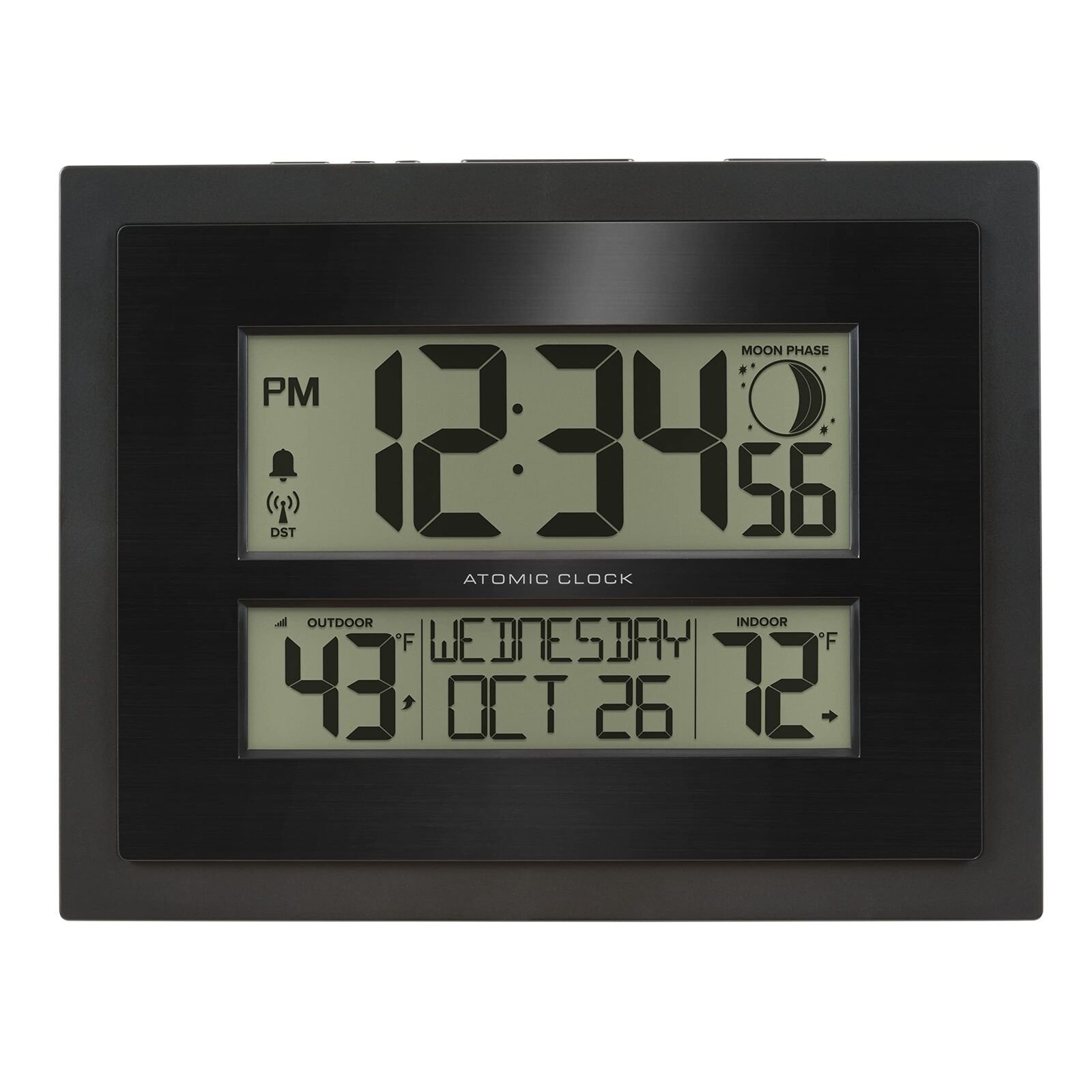 513-75624-INT Digital Atomic Clock with Outdoor Temperature and Moon Phase,Black