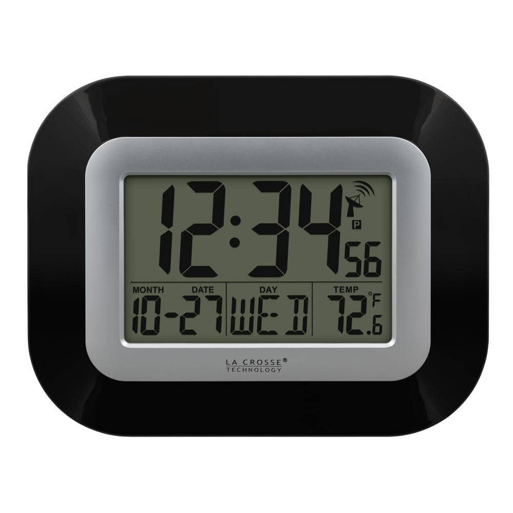 7 in. H Digital Atomic Black Wall Clock with Indoor Temperature