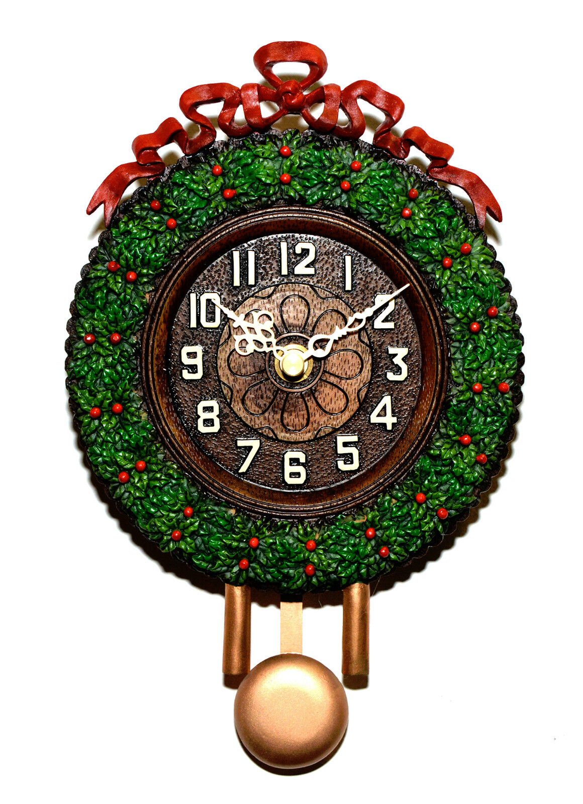 Animated Swinging Pendulum Christmas Wreath Holiday Wall Clock