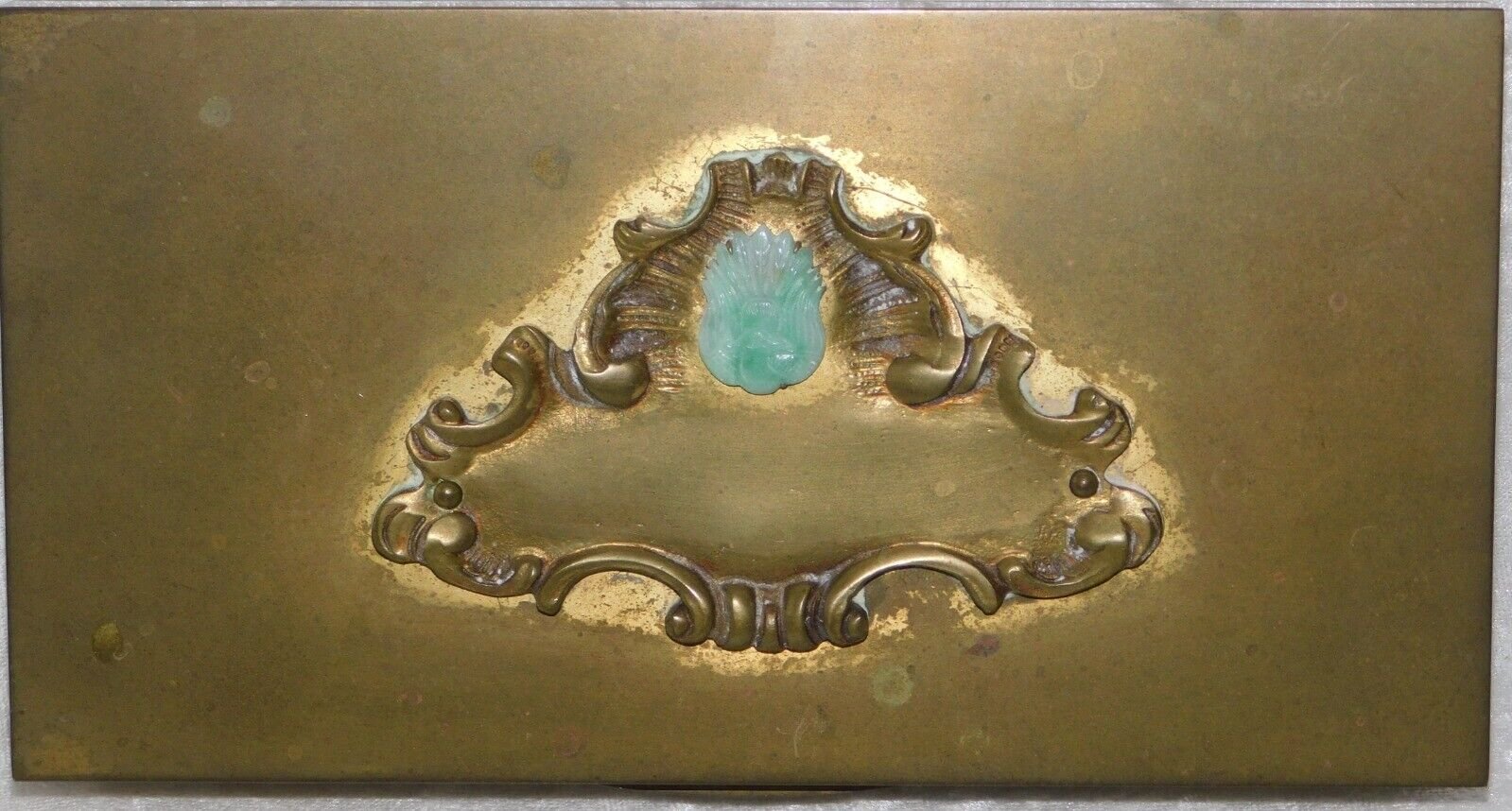 Antique 1900's Nouveau Chinese Carved Jade Phoenix Germany Bronze Wood Desk Box