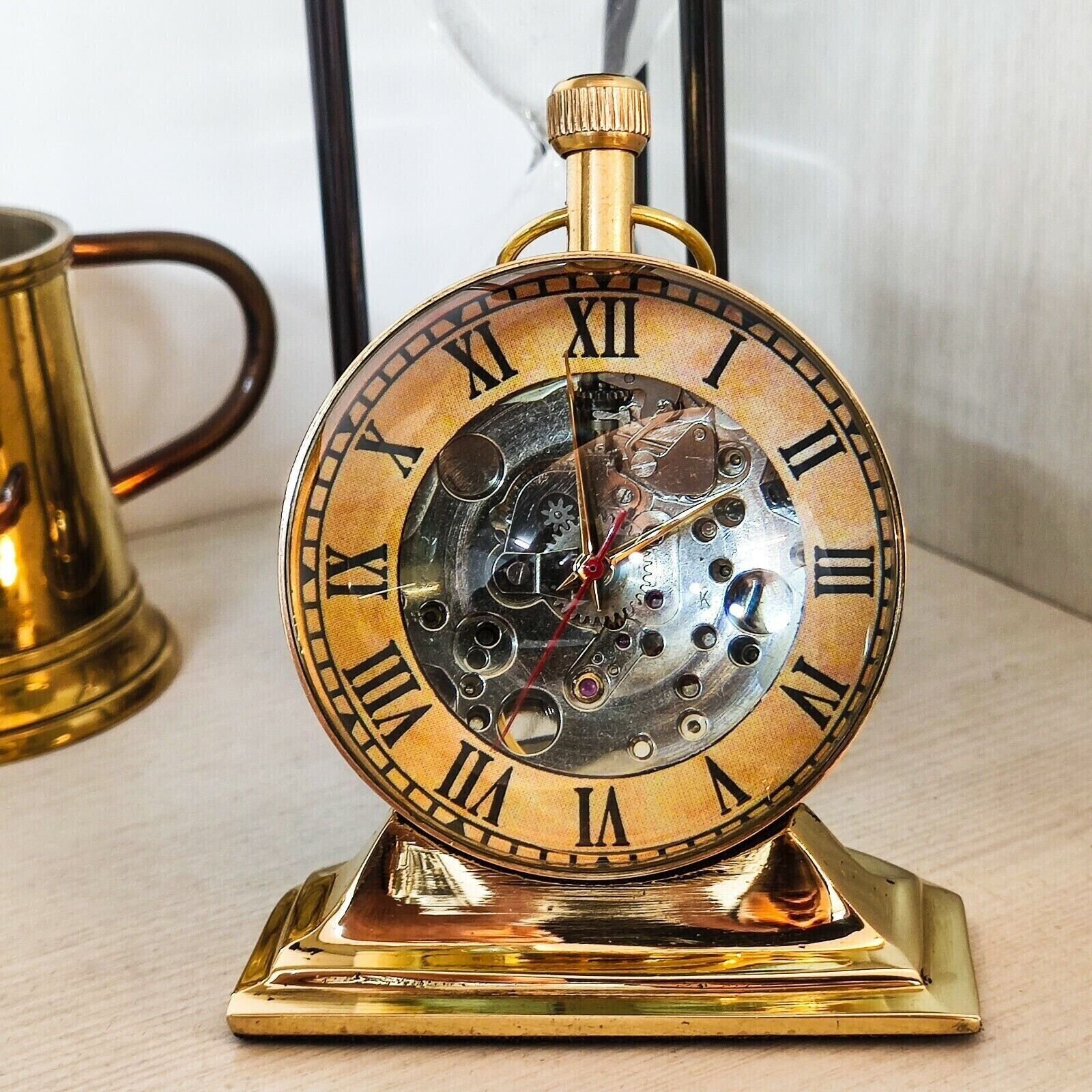 Antique Brass Desk Clock Mechanical Vintage Table Top Decorative