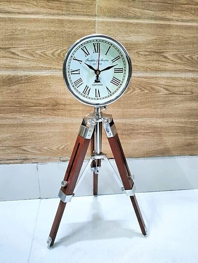 Antique Nautical Tripod Stand Clock Steel Finish Table Clock Vintage Style Wood