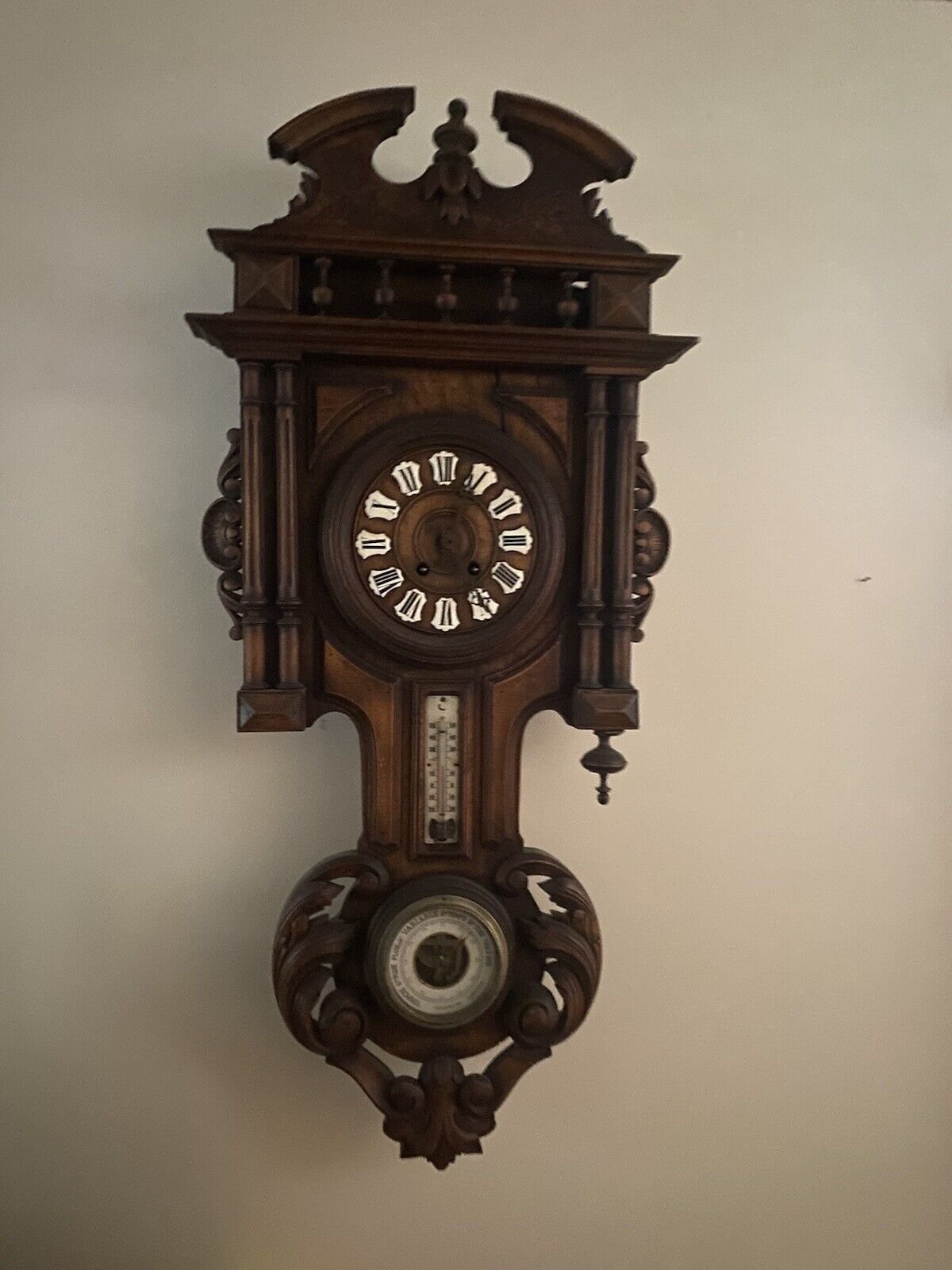 Antique Old Black Forest Carved Wall Clock With Barometer and Thermometer 35x16”