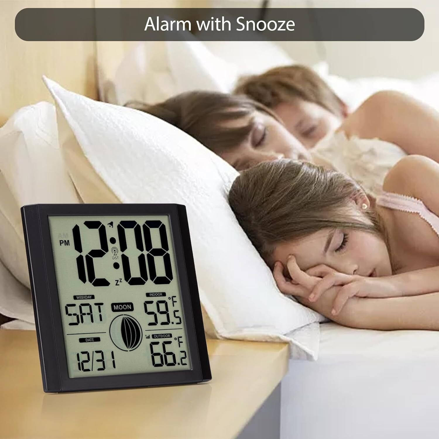 Atomic Clock with Indoor Outdoor Temperature, Self-Setting Digital Wall Clock