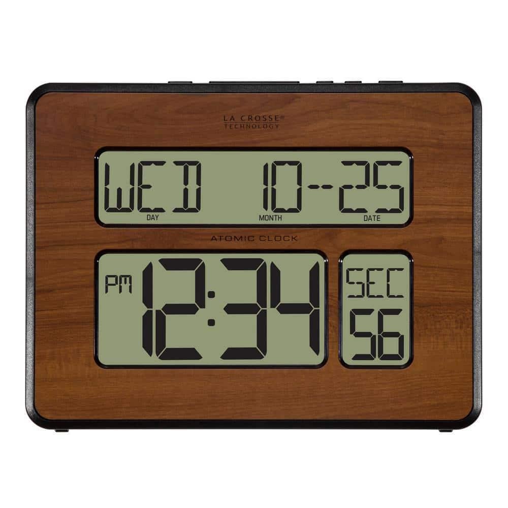 Atomic Full Calendar Digital Clock Rectangle Walnut with Extra Large Digits