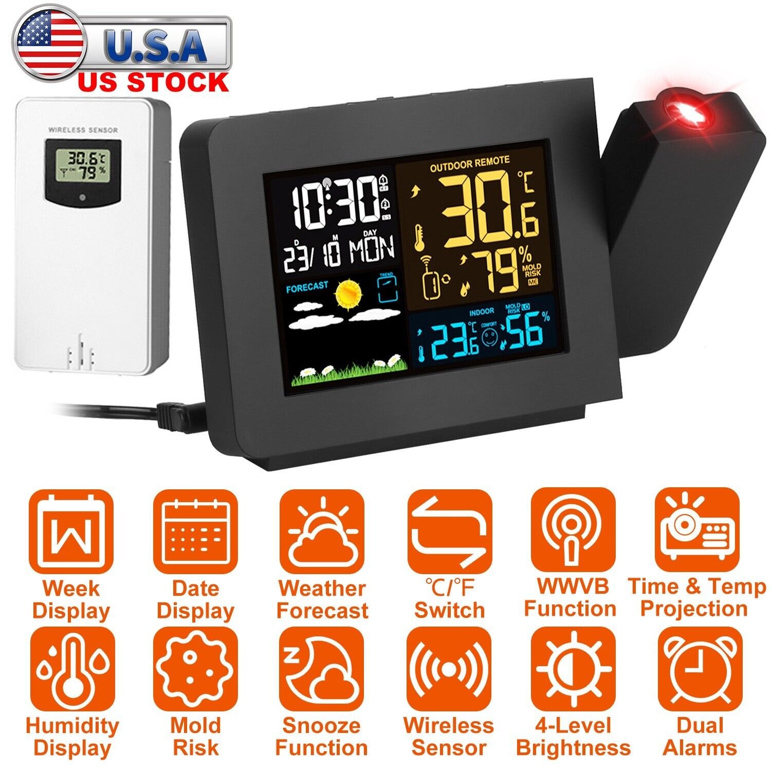 Atomic Projection Alarm Clock Wireless Radio Control Clock with WWVB Function US