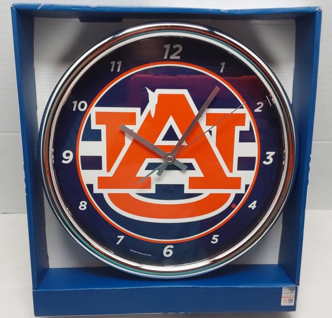 Auburn Tigers Chrome Round Wall Clock/ NCAA Sign Banner NEW IN BOX