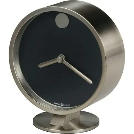Aurora Table Clock 645 821 – Spun Nickel Finish, Brushed Nickel Base Plate, Matte Black Dial