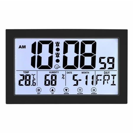 Auto Set Digital Wall Clock Battery Operated,Desk Clocks with Temperature,Humidity , Display Digital Calendar Alarm Clock for Elderly,Bedroom,Office,black,G165466