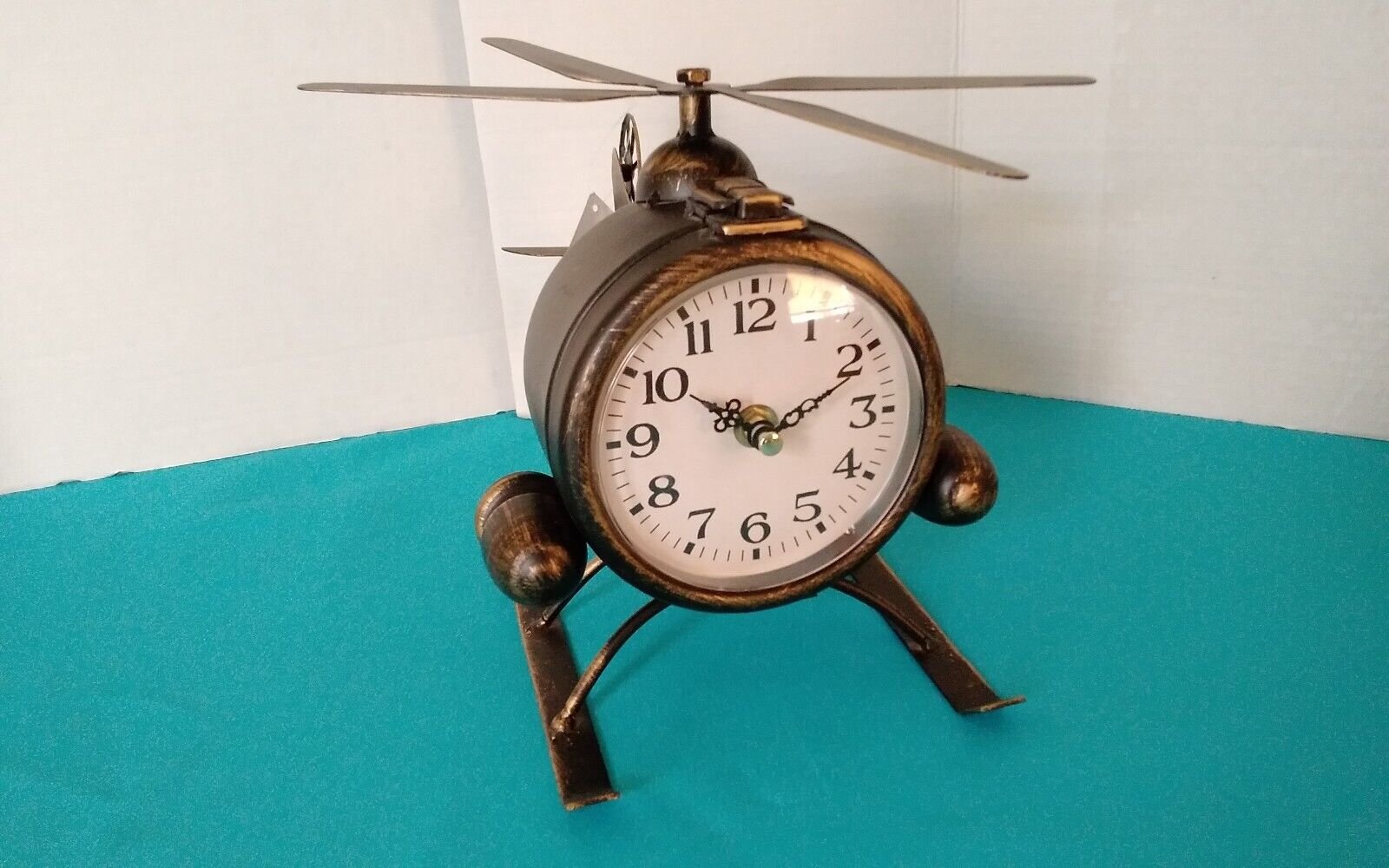 Aviation Enthusiast Bronze Color Metal Helicopter Clock Desk Office Decor