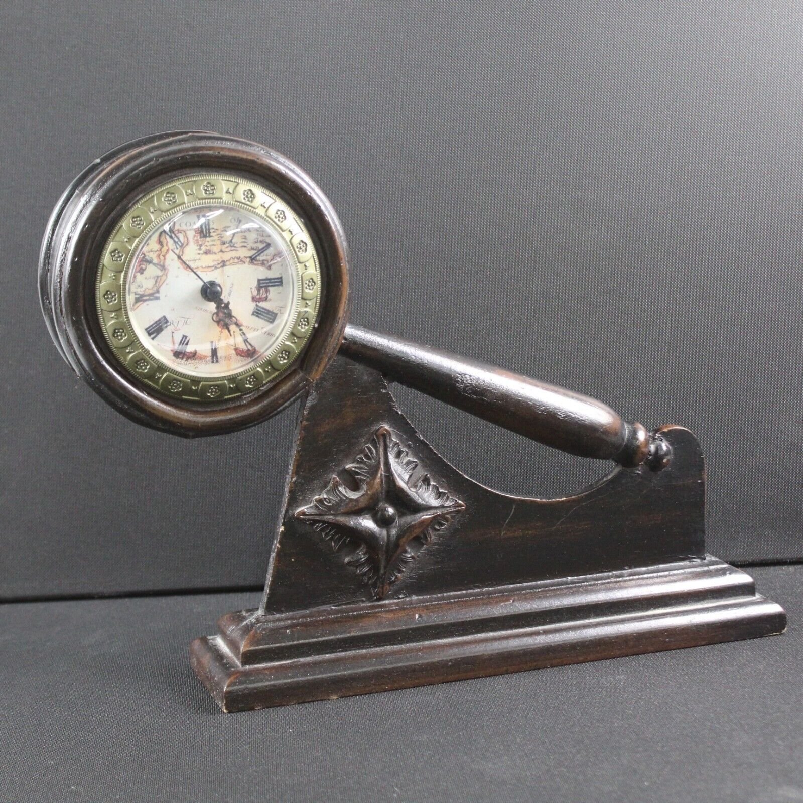Beautiful Vintage Carved Wooden Desk Mantle Clock map face Quartz Poss hand made