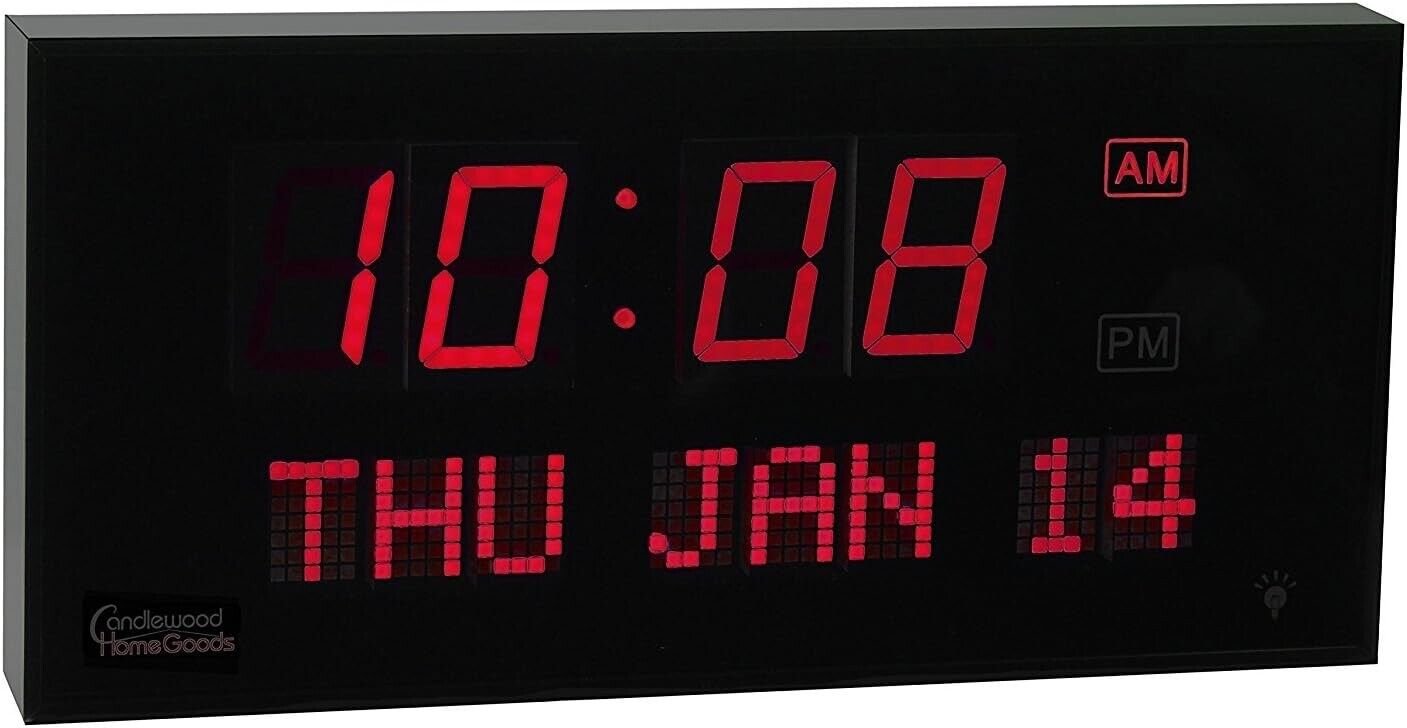 Big Oversized Digital Blue LED Calendar Clock with Day and Date - Shelf or Wall