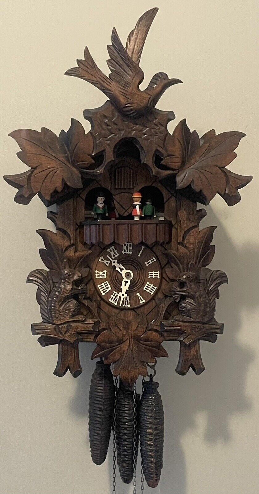 Bird Leaves Squirrels Black Forest German People Dancing Musical Cuckoo Clock