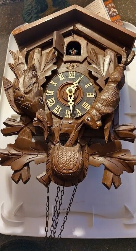 BLACK FOREST CUCKOO CLOCK GERMAN HUNTER CARVED WALL VTG REPAIR WORKING OR PARTS