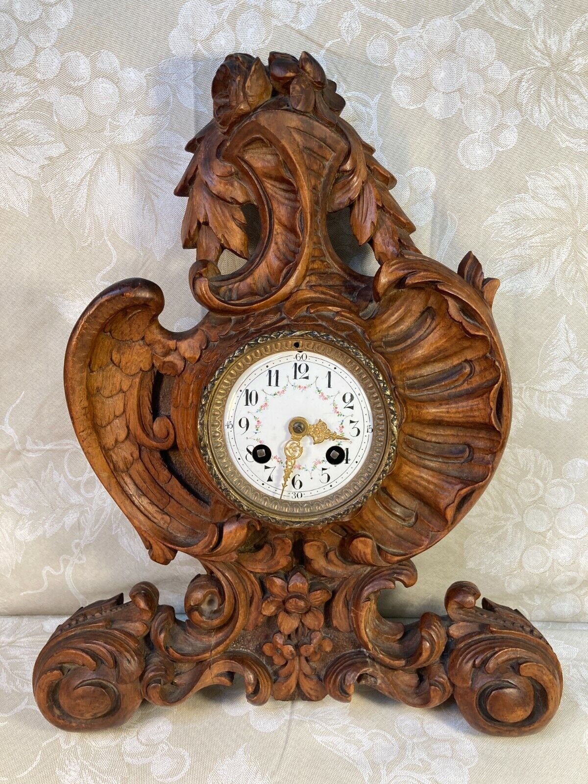 Black Forest Wall Clock Wood Case with Scrolls, Flowers, Shells & Wing Carvings