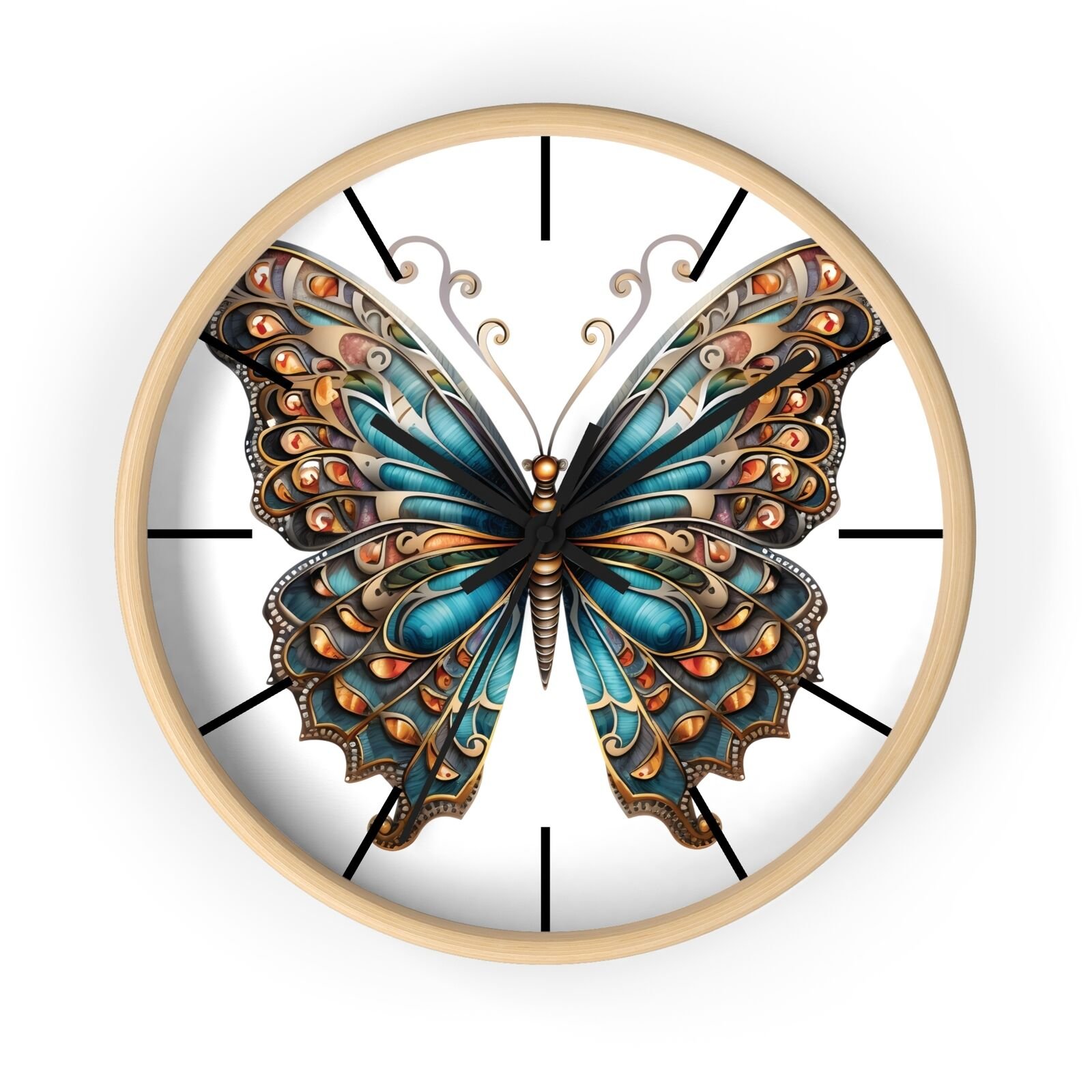 Blue Butterfly Wall Clock Rainbow Design Analog Clock 10" Wood Frame Butterflies