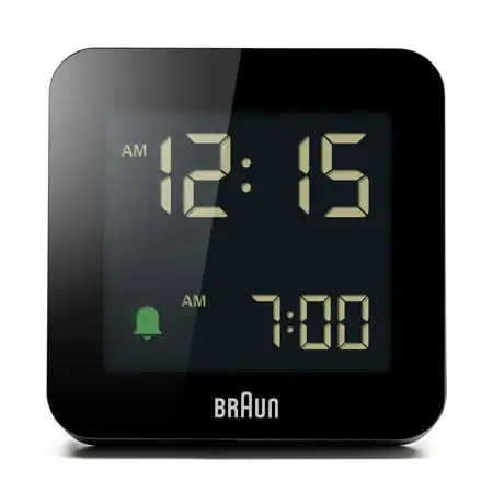 Braun BC 09 B: Modern Black Digital Alarm Clock with Snooze, Negative LCD Display, and Quick Set