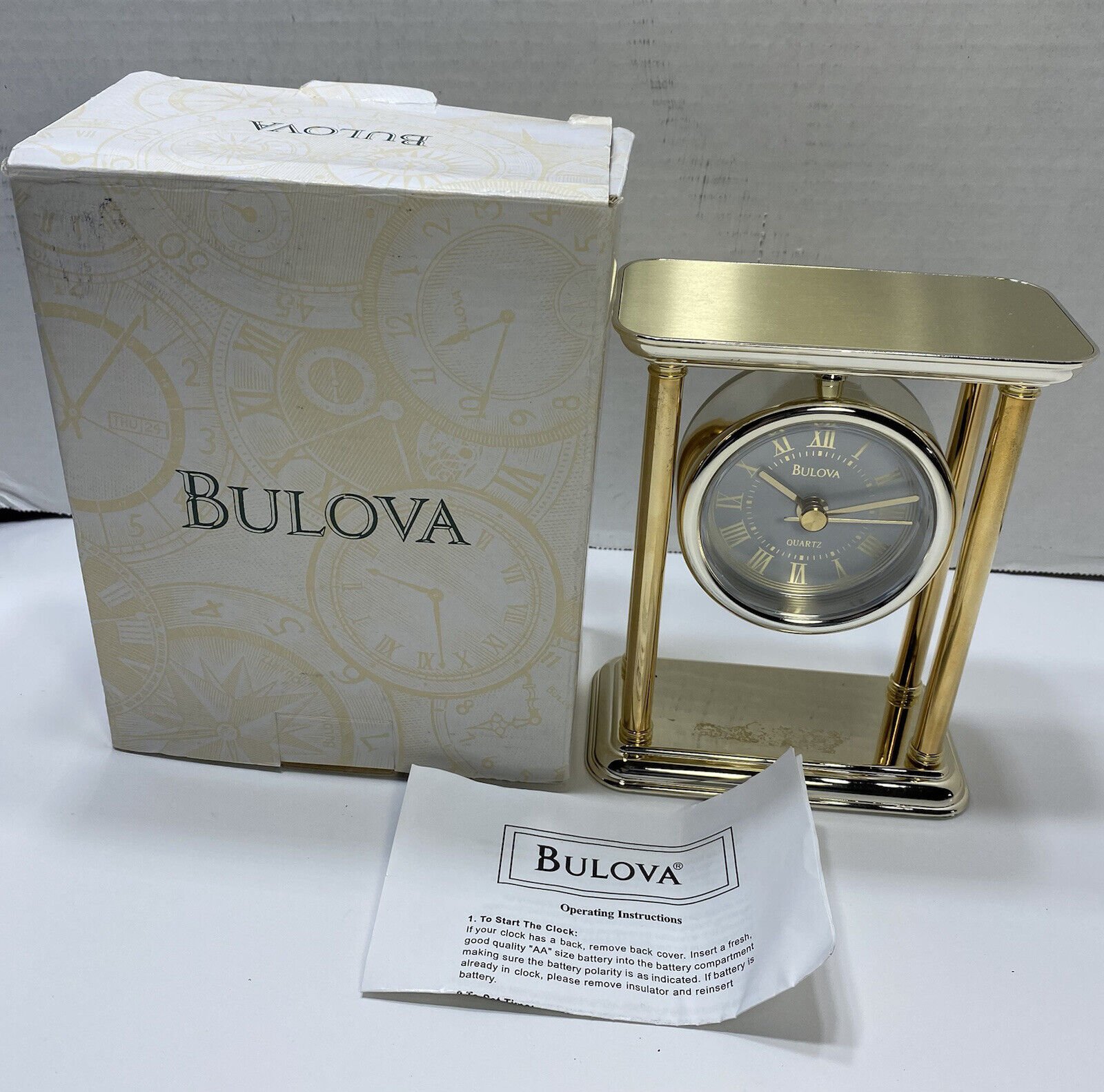 Bulova B1435 Desk Table Clock Quartz Gold With Original Box And Manual Tested
